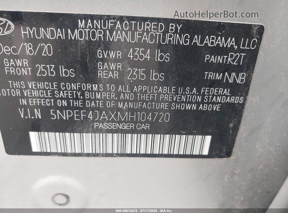 5NPEF4JAXMH104720 2021 HYUNDAI SONATA Gray Շարժիչի բաժամունքի տեսք