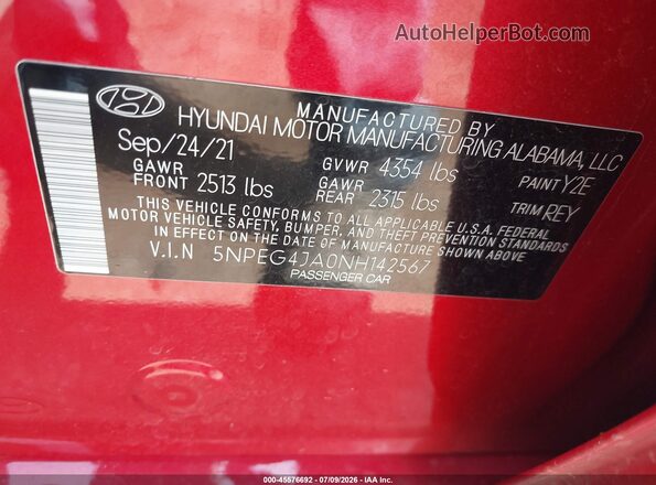 5NPEG4JA0NH142567 2022 HYUNDAI SONATA Red Vista del compartimento del motor