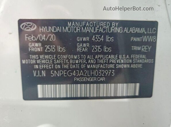 5NPEG4JA2LH032973 2020 HYUNDAI SONATA Белый Вид подкапотного пространства