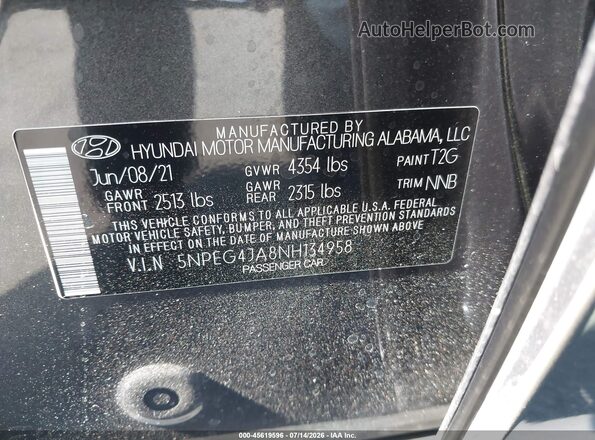 5NPEG4JA8NH134958 2022 HYUNDAI SONATA Gray Вид підкапотного простору