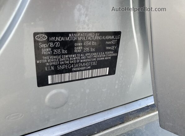 5NPEG4JA9MH073182 2021 HYUNDAI SONATA Silver VIN կոդի պիտակի տեսք