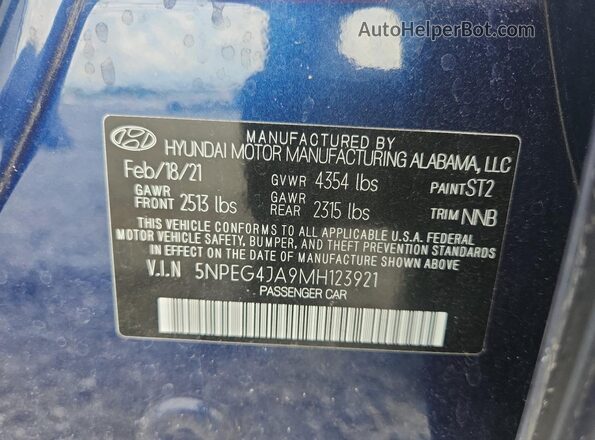 5NPEG4JA9MH123921 2021 HYUNDAI SONATA Blue Շարժիչի բաժամունքի տեսք
