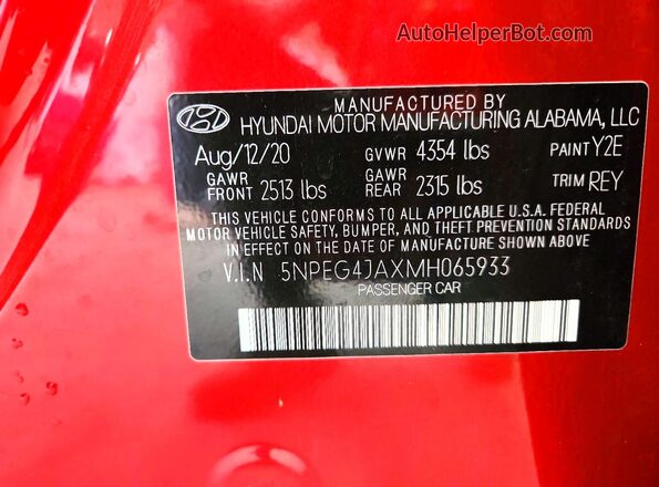5NPEG4JAXMH065933 2021 HYUNDAI SONATA Red Vista del compartimento del motor