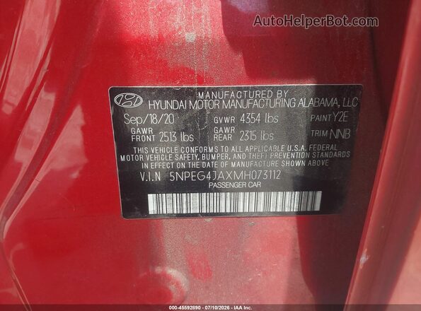 5NPEG4JAXMH073112 2021 HYUNDAI SONATA Red Engine compartment view