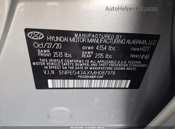 5NPEG4JAXMH087978 2021 HYUNDAI SONATA Серебряный Вид подкапотного пространства