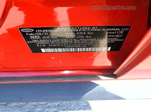 5NPEG4JAXMH117917 2021 HYUNDAI SONATA Red Vista del compartimento del motor