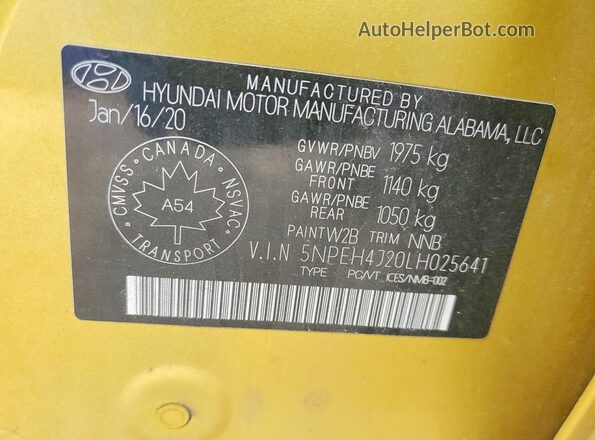 5NPEH4J20LH025641 2020 HYUNDAI SONATA Gold Вид наклейки з VIN-кодом