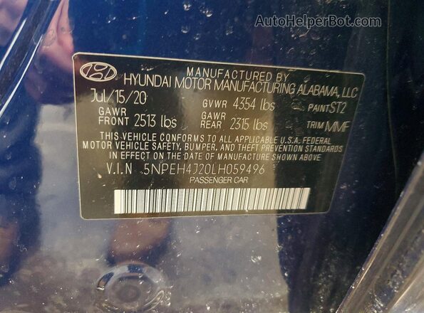 5NPEH4J20LH059496 2020 HYUNDAI SONATA Blue ძრავის განყოფილების ხედი
