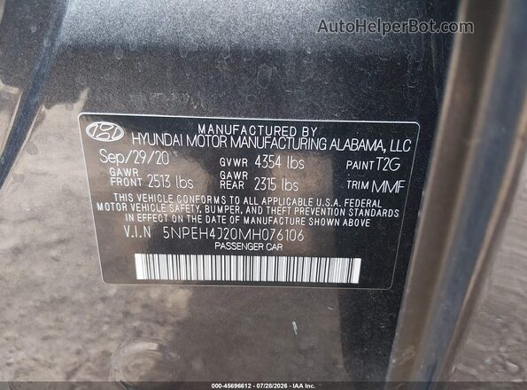 5NPEH4J20MH076106 2021 HYUNDAI SONATA Серый Вид подкапотного пространства