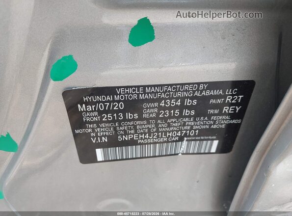 5NPEH4J21LH047101 2020 HYUNDAI SONATA Silver Շարժիչի բաժամունքի տեսք