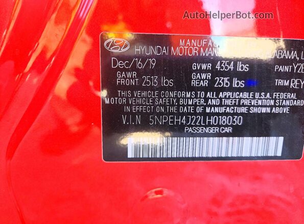 5NPEH4J22LH018030 2020 HYUNDAI SONATA Красный Вид подкапотного пространства