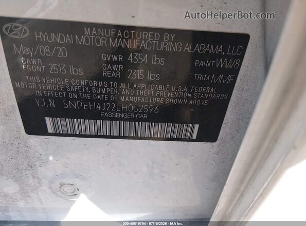 5NPEH4J22LH052596 2020 HYUNDAI SONATA White Widok komory silnika