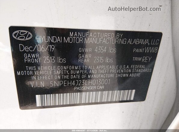 5NPEH4J23LH013001 2020 HYUNDAI SONATA White Widok komory silnika