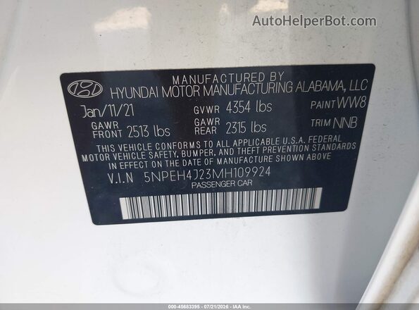 5NPEH4J23MH109924 2021 HYUNDAI SONATA Белый Вид подкапотного пространства