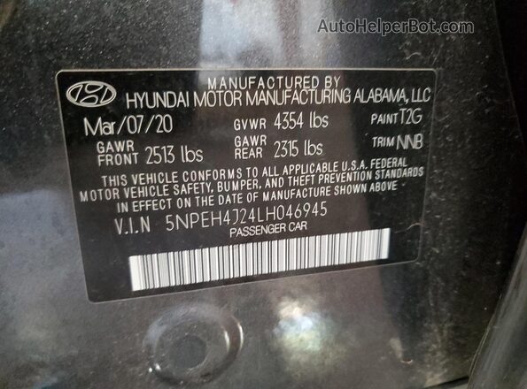 5NPEH4J24LH046945 2020 HYUNDAI SONATA Black Շարժիչի բաժամունքի տեսք