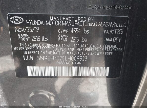 5NPEH4J25LH009323 2020 HYUNDAI SONATA Gray Շարժիչի բաժամունքի տեսք