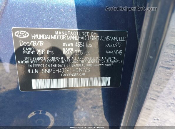 5NPEH4J26LH019763 2020 HYUNDAI SONATA Blue Widok komory silnika