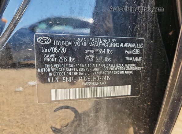 5NPEH4J26LH022419 2020 HYUNDAI SONATA Black Շարժիչի բաժամունքի տեսք