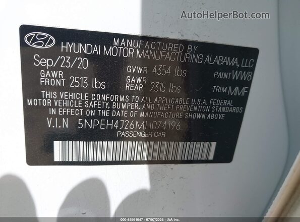 5NPEH4J26MH074196 2021 HYUNDAI SONATA White ძრავის განყოფილების ხედი