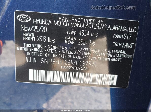 5NPEH4J26MH097395 2021 HYUNDAI SONATA Синий Вид подкапотного пространства