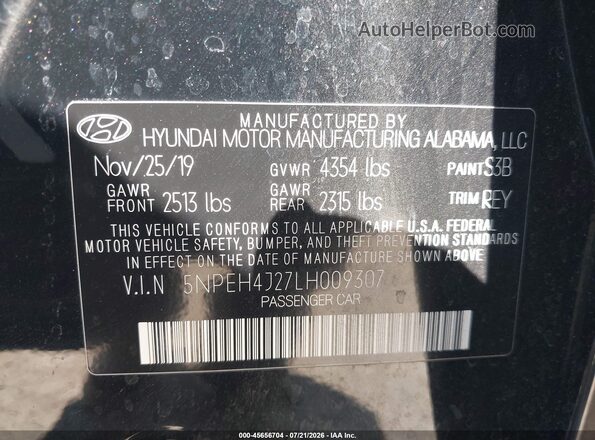 5NPEH4J27LH009307 2020 HYUNDAI SONATA Black Вид підкапотного простору