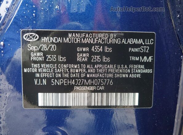 5NPEH4J27MH075776 2021 HYUNDAI SONATA Синий Вид подкапотного пространства