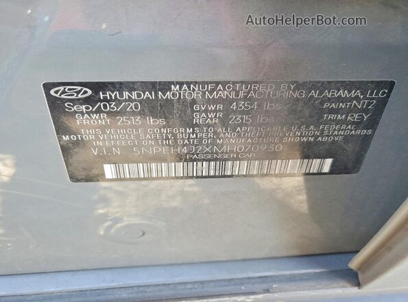 5NPEH4J2XMH070930 2021 HYUNDAI SONATA Gray Engine compartment view