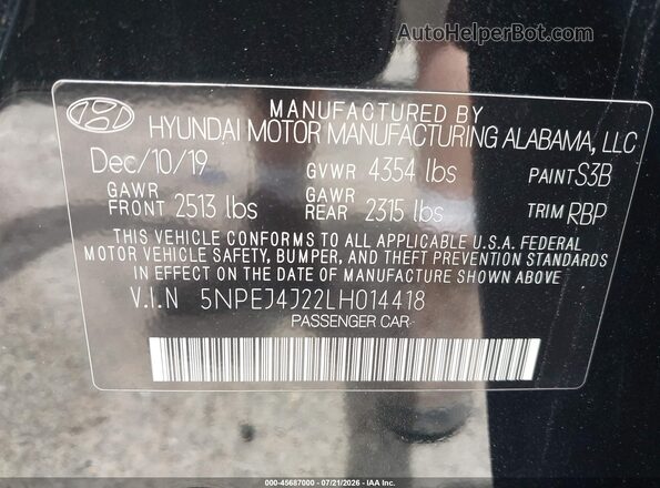 5NPEJ4J22LH014418 2020 HYUNDAI SONATA Black Շարժիչի բաժամունքի տեսք