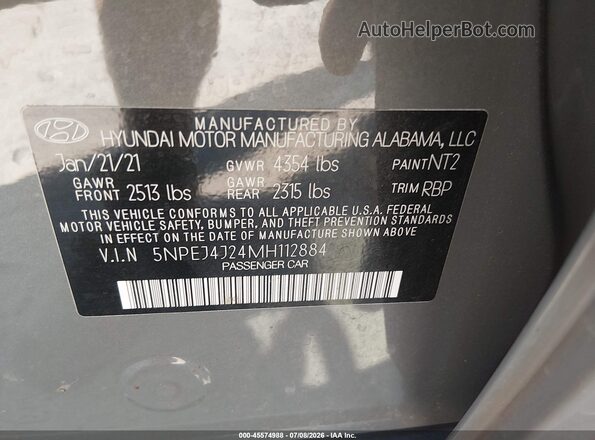 5NPEJ4J24MH112884 2021 HYUNDAI SONATA Gray ძრავის განყოფილების ხედი