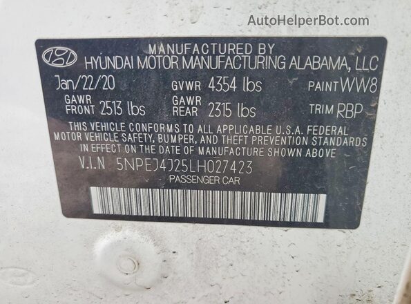 5NPEJ4J25LH027423 2020 HYUNDAI SONATA White Engine compartment view