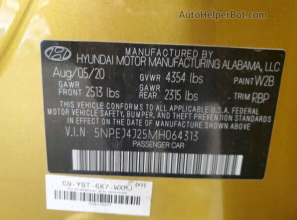 5NPEJ4J25MH064313 2021 HYUNDAI SONATA Yellow Widok komory silnika