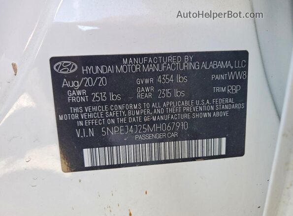 5NPEJ4J25MH067910 2021 HYUNDAI SONATA White Շարժիչի բաժամունքի տեսք