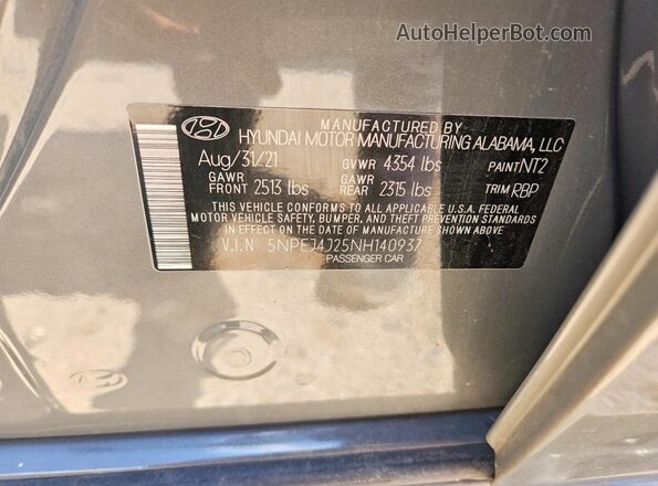 5NPEJ4J25NH140937 2022 HYUNDAI SONATA Gray Շարժիչի բաժամունքի տեսք