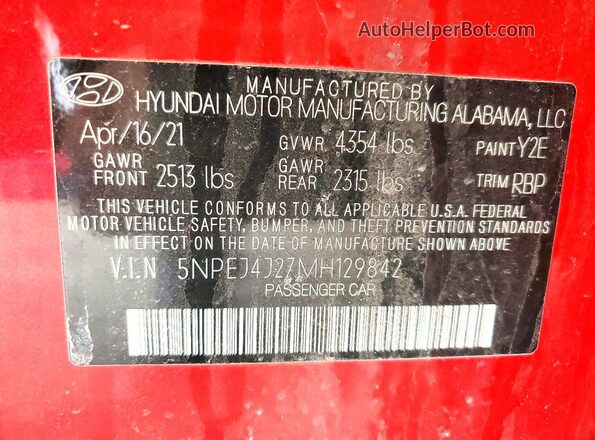 5NPEJ4J27MH129842 2021 HYUNDAI SONATA Red Vista del compartimento del motor