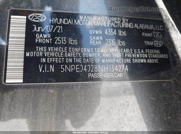 5NPEJ4J28NH134274 2022 HYUNDAI SONATA Gray Vista del compartimento del motor