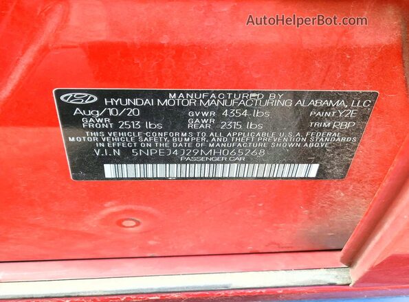 5NPEJ4J29MH065268 2021 HYUNDAI SONATA Red ძრავის განყოფილების ხედი