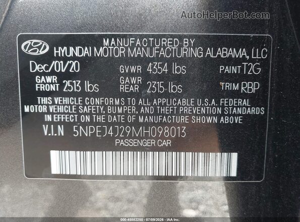5NPEJ4J29MH098013 2021 HYUNDAI SONATA Gray Vista del compartimento del motor