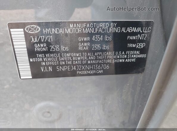 5NPEJ4J2XNH136706 2022 HYUNDAI SONATA Gray ძრავის განყოფილების ხედი