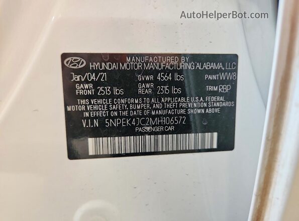 5NPEK4JC2MH106572 2021 HYUNDAI SONATA White VIN կոդի պիտակի տեսք