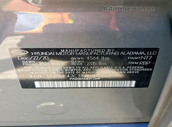 5NPEK4JC3MH105866 2021 HYUNDAI SONATA Gray ძრავის განყოფილების ხედი