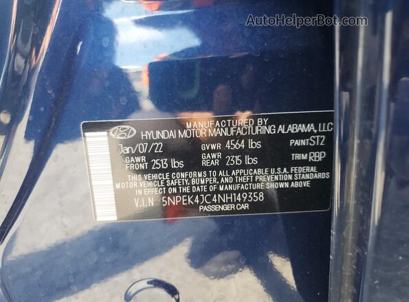5NPEK4JC4NH149358 2022 HYUNDAI SONATA Blue Vista de la etiqueta del VIN