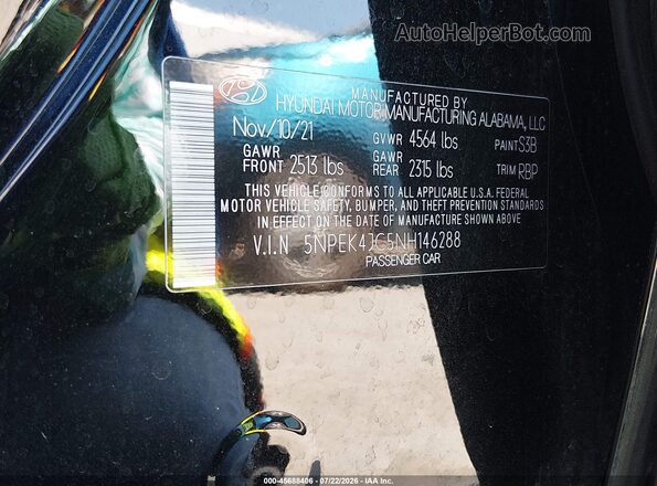5NPEK4JC5NH146288 2022 HYUNDAI SONATA Black Engine compartment view