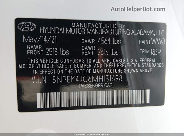 5NPEK4JC6MH131698 2021 HYUNDAI SONATA White Engine compartment view