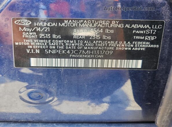 5NPEK4JC7MH131709 2021 HYUNDAI SONATA Blue Շարժիչի բաժամունքի տեսք