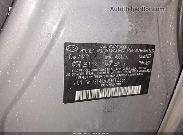 5NPEL4JA0LH015553 2020 HYUNDAI SONATA Gray ძრავის განყოფილების ხედი
