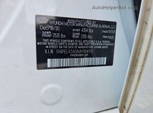 5NPEL4JA0MH104931 2021 HYUNDAI SONATA White Engine compartment view