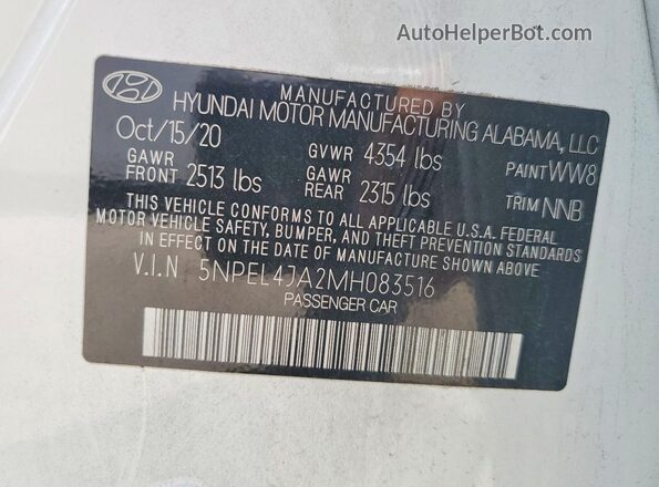 5NPEL4JA2MH083516 2021 HYUNDAI SONATA White VIN კოდის სტიკერის ხედი