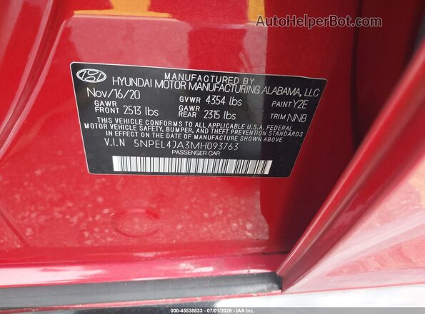 5NPEL4JA3MH093763 2021 HYUNDAI SONATA Red Engine compartment view
