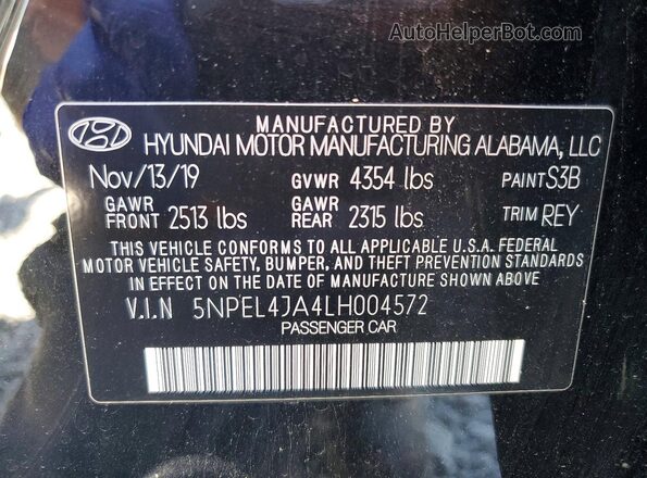 5NPEL4JA4LH004572 2020 HYUNDAI SONATA Black Widok naklejki z numerem VIN