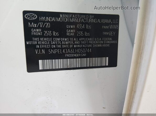 5NPEL4JA6LH050744 2020 HYUNDAI SONATA White Widok komory silnika